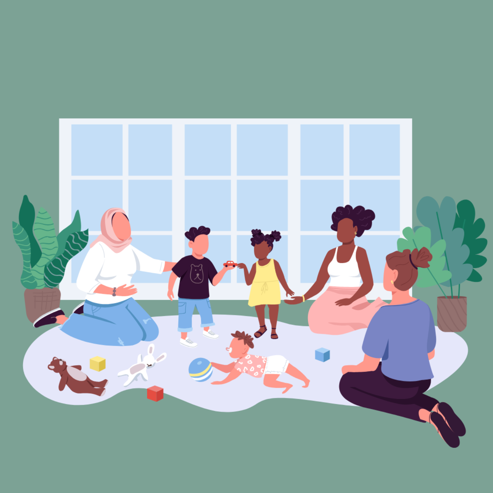 Four adults and three children sit and play together on a rug, surrounded by green houseplants. The scene is calm and cheerful, reflecting the warmth and togetherness often found in families across the Mid-South.