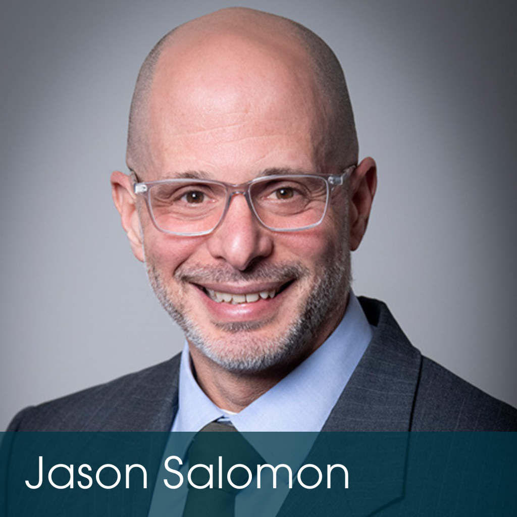 A smiling bald man with glasses and a short beard, dressed in a suit and tie, poses confidently against a gray background. The name Jason Salomon appears at the bottom, highlighting the power of estate planning.