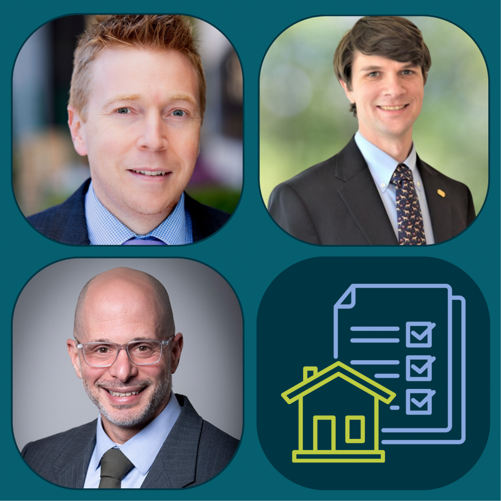 A collage of three professional men in business attire in individual photo frames, next to icons of a checklist, house, and document, all set against a blue background—illustrating expertise in estate planning for your future.