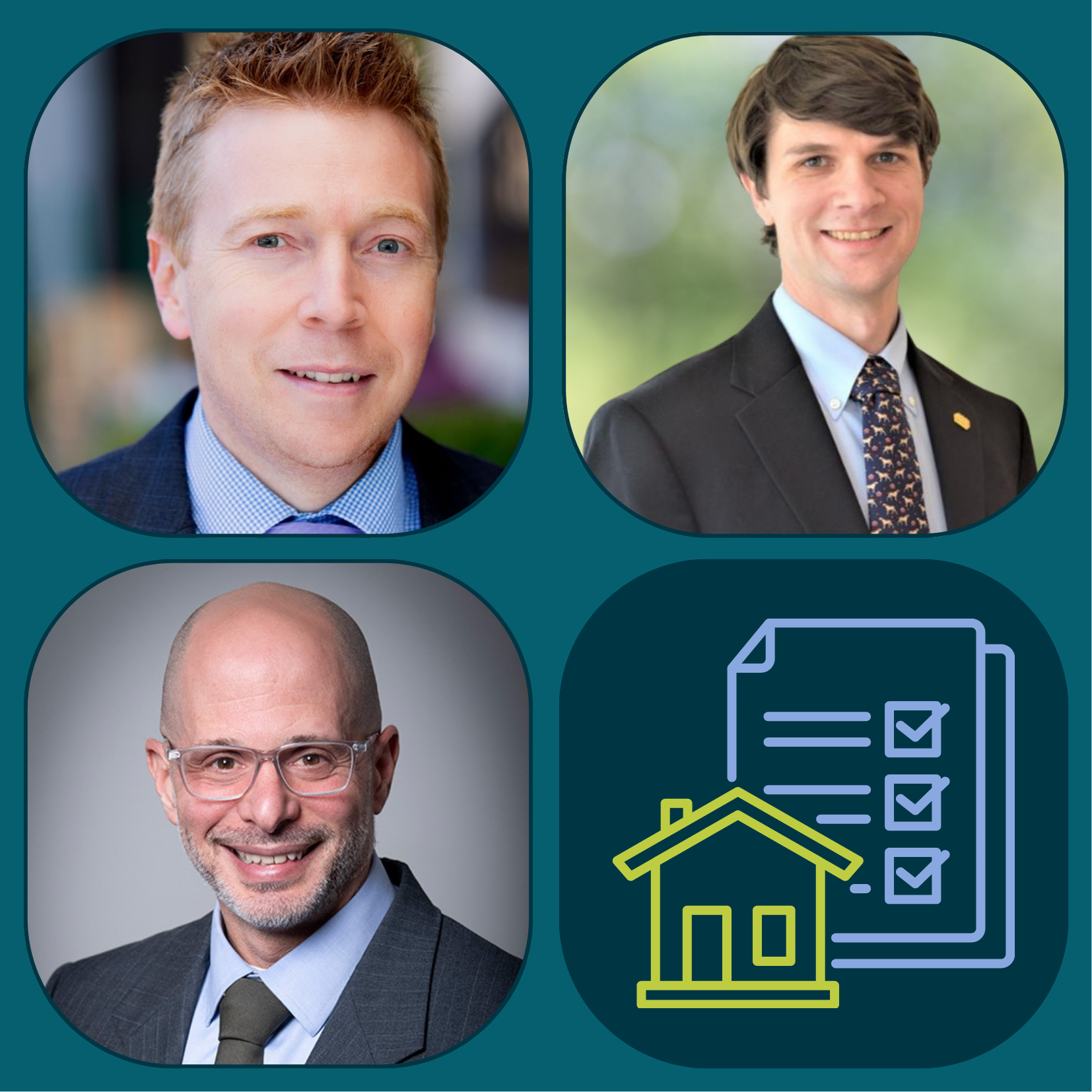 A collage of three professional men in business attire in individual photo frames, next to icons of a checklist, house, and document, all set against a blue background—illustrating expertise in estate planning for your future.