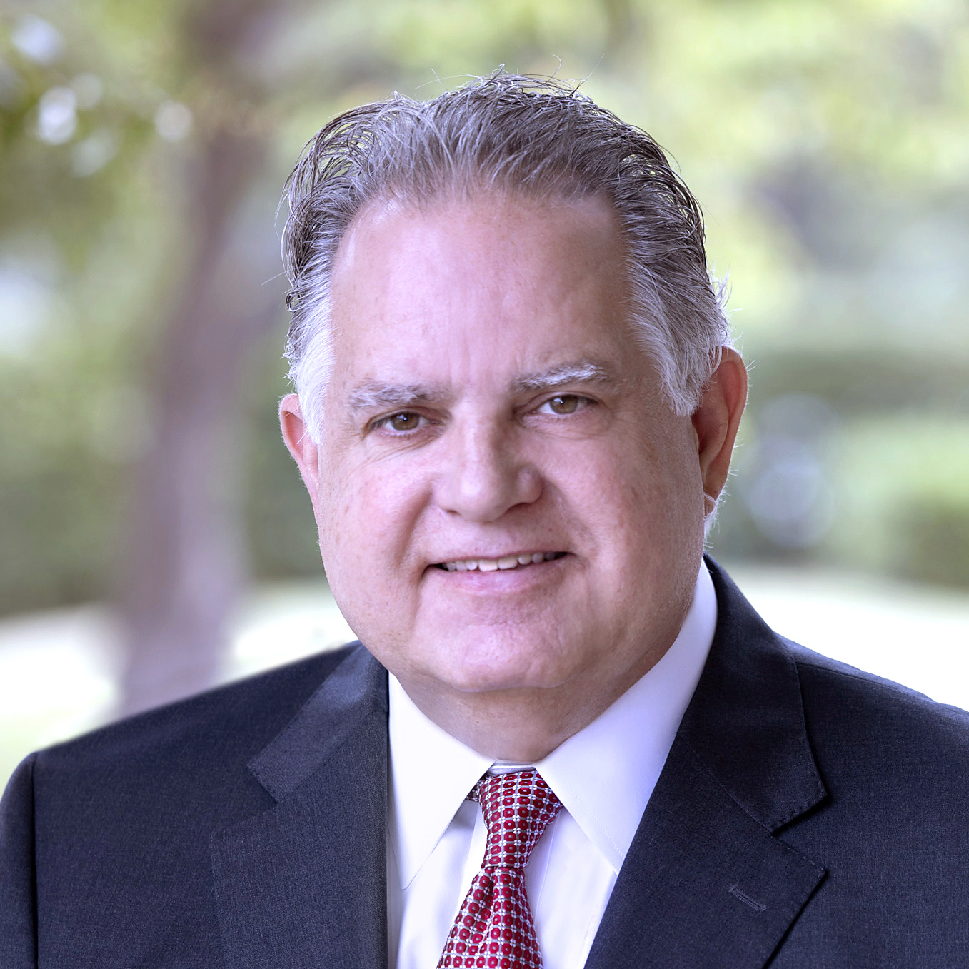 A middle-aged man with gray hair, wearing a dark suit, white shirt, and red patterned tie, smiles outdoors with trees and greenery blurred in the background, reminiscent of Aerial Ozuzu's calm and inspiring presence.