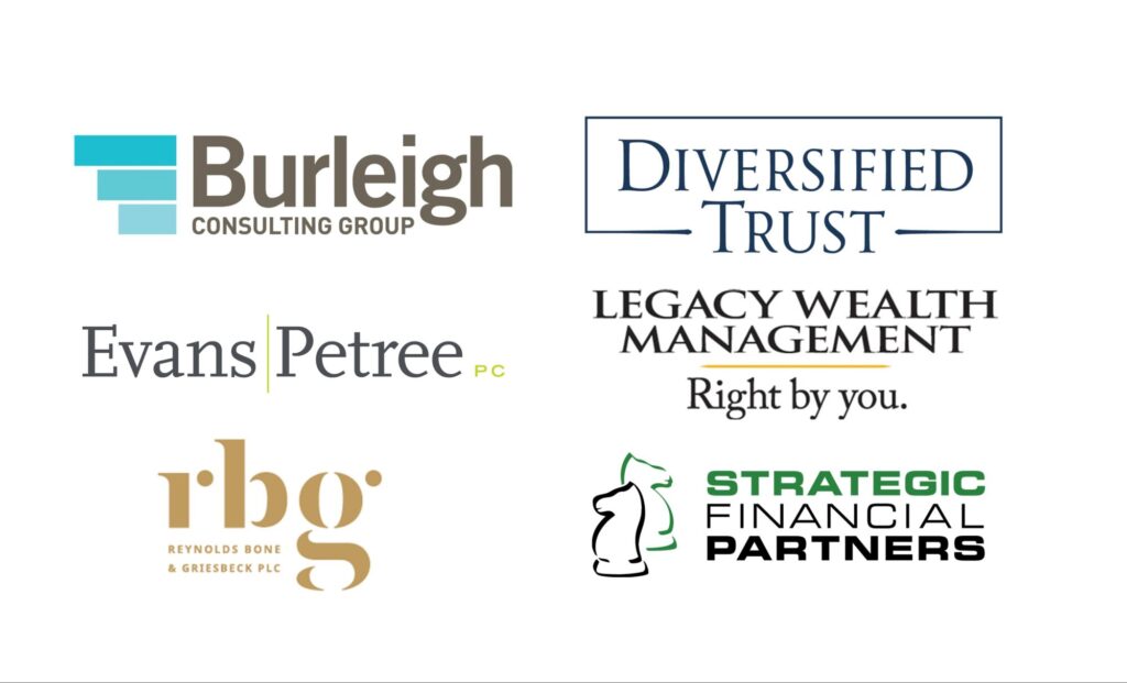 A collection of six financial and consulting company logos—including Burleigh Consulting Group and Legacy Wealth Management—featured at the Allied Professional Advisors Seminar 2025.