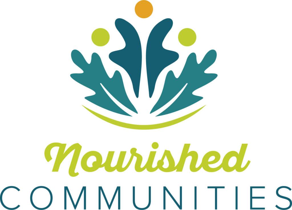Logo for Nourished Communities featuring three abstract human figures in green and orange above stylized green leaves, reflecting the current theme, with the name written below in cursive and uppercase fonts.