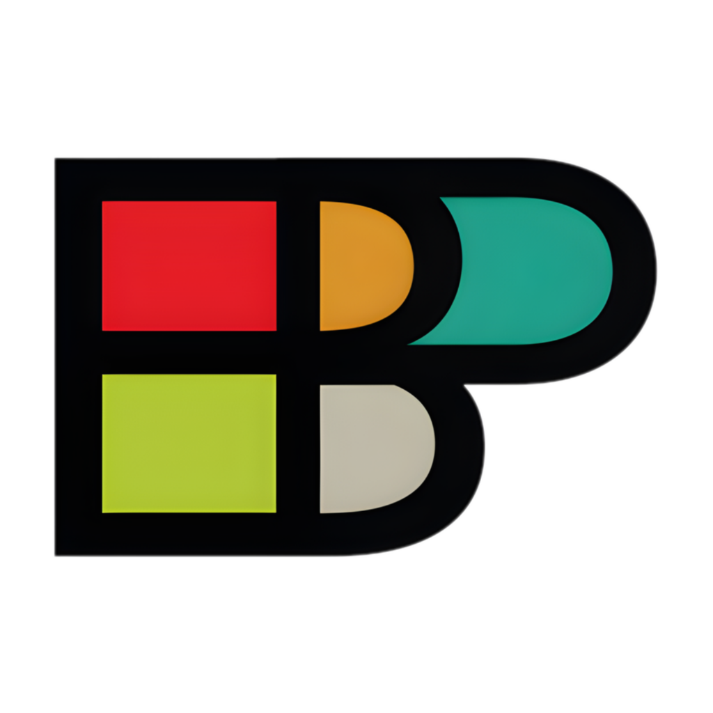 A bold, stylized letter B composed of colored geometric shapes—red, orange, teal, lime green, and beige—outlined in black on a white background; perfect for celebrating Black Philanthropy Month or supporting Black communities.