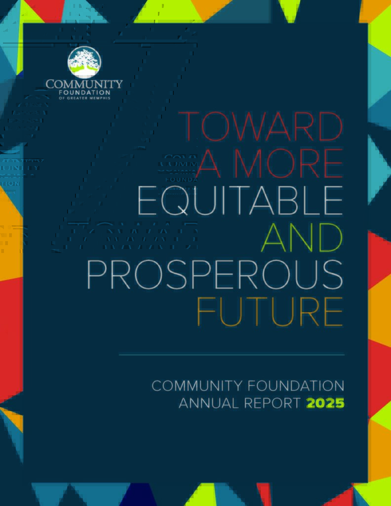 Cover of the Community Foundation 2025 Annual Report, part of our latest publications, featuring the text Toward a More Equitable and Prosperous Future on a dark blue background with colorful geometric shapes along the edges.