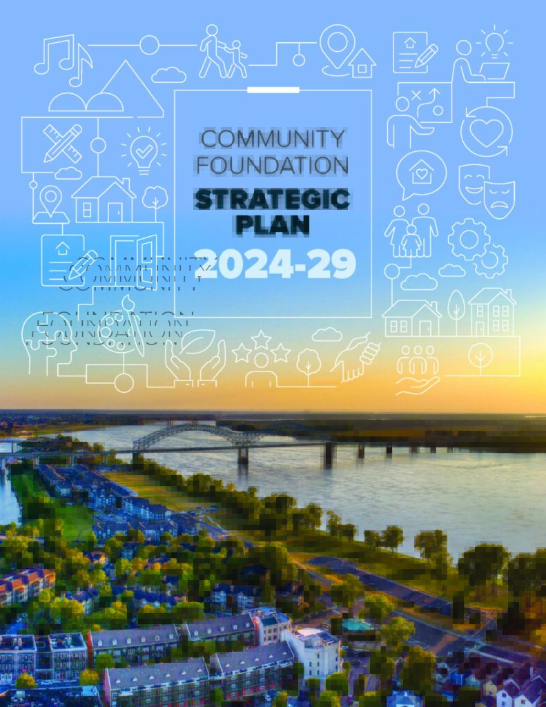 Cover of the Community Foundation Strategic Plan 2024-29, part of our key publications, featuring a river, bridge, and cityscape at sunset, surrounded by white icons representing community, education, health, and growth.