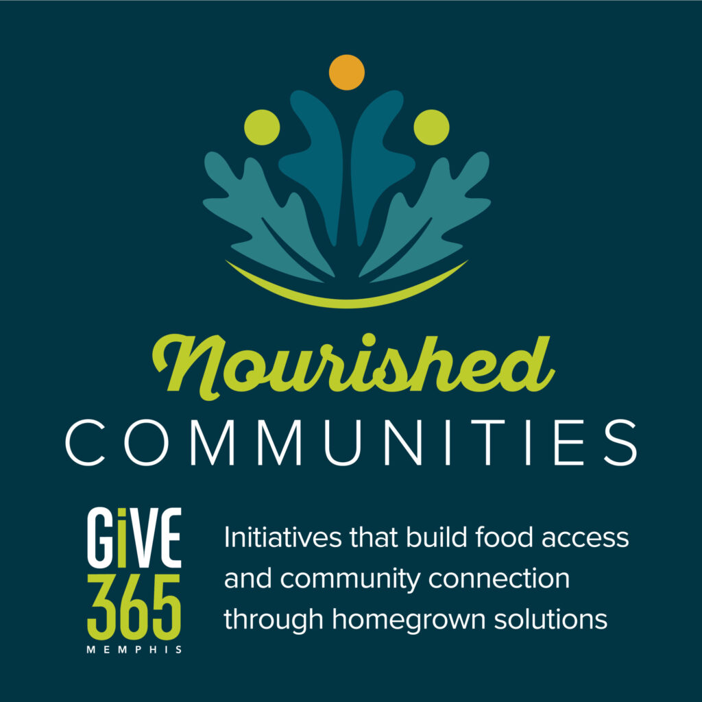 A blue and green logo with text that highlights Nourished Communities and encourages community involvement.