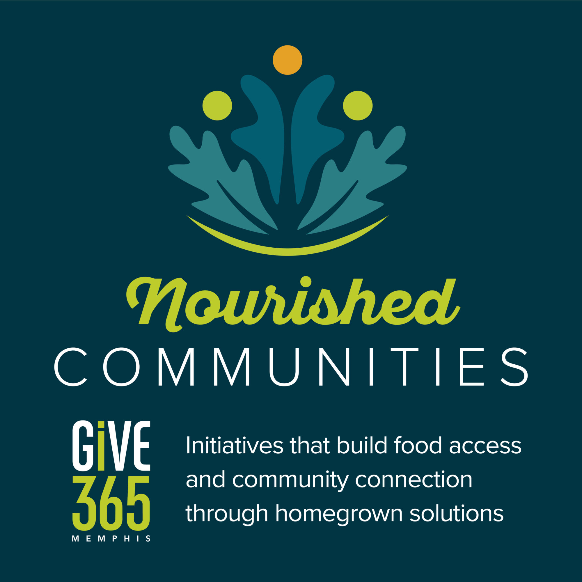 A blue and green logo with text that highlights Nourished Communities and encourages community involvement.