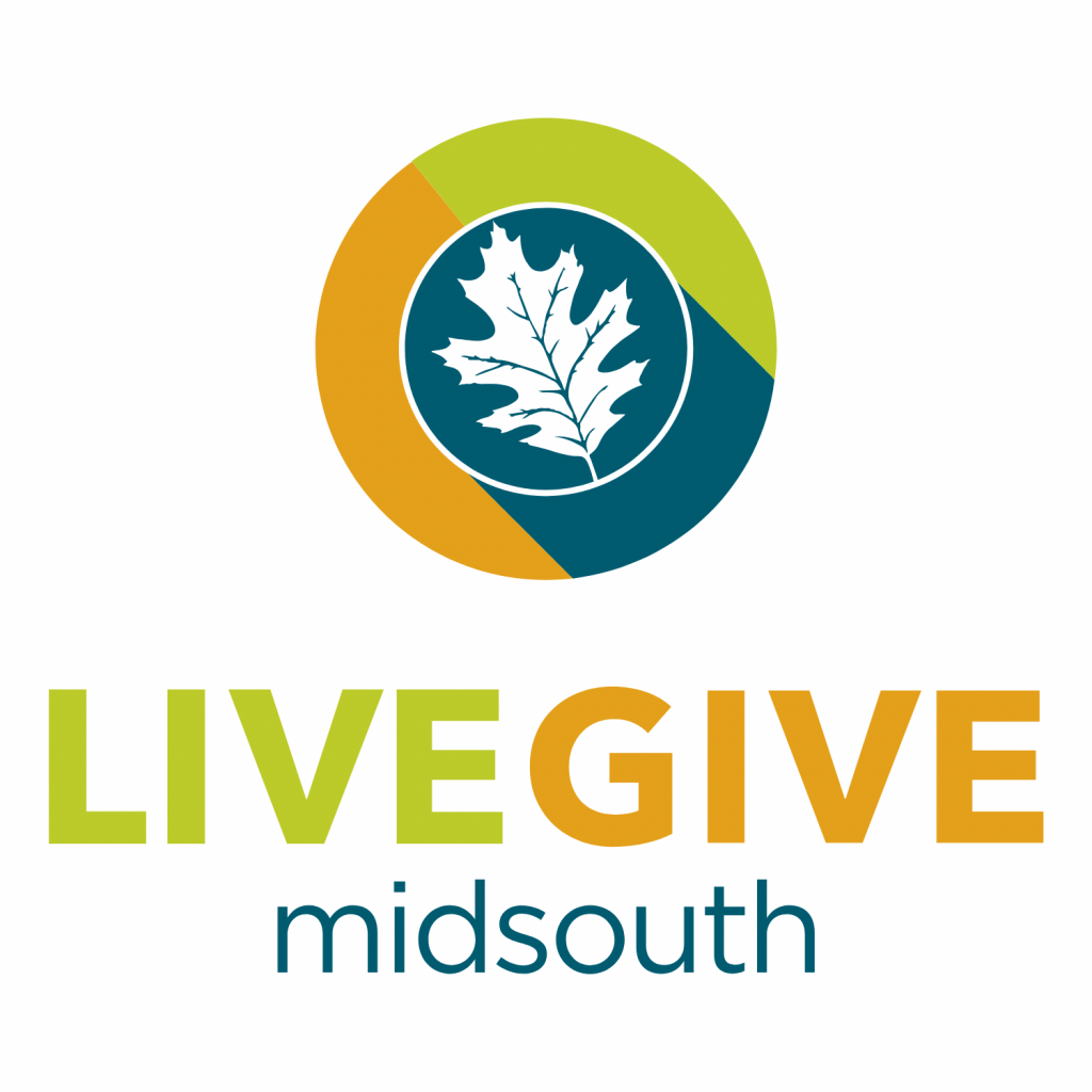 Circular logo with a white oak leaf in the center, surrounded by green, orange, and teal segments. Below, LIVEGIVEmidsouth appears—LIVEGIVE in green and orange, with 