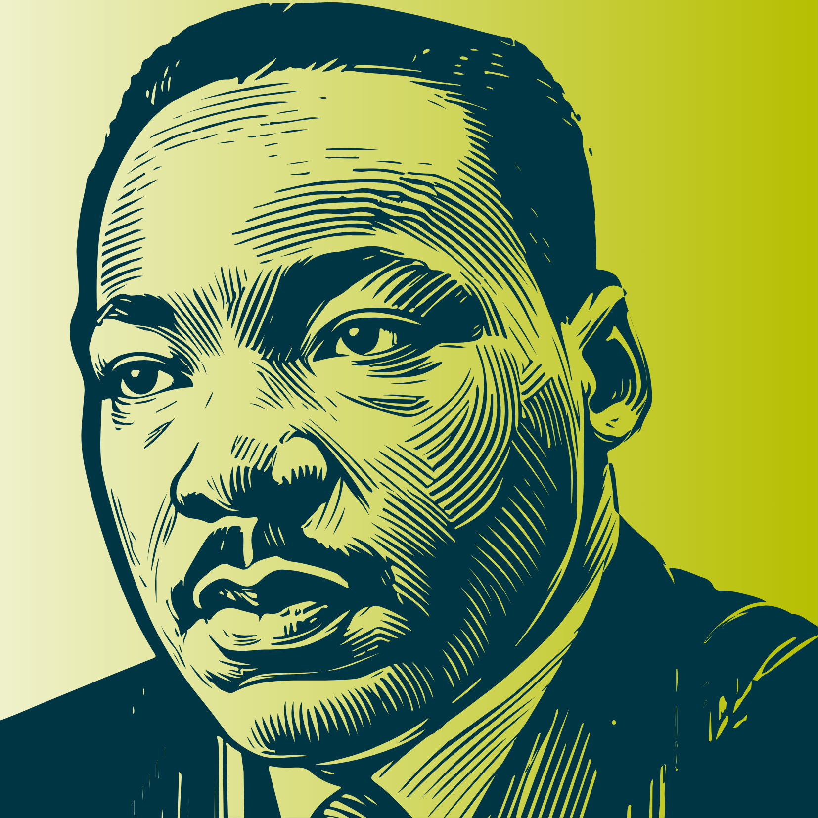 A stylized, green and yellow illustration of Dr. Martin Luther King Jr. in a suit and tie, with short hair and a mustache, looking slightly to the side with a thoughtful expression.