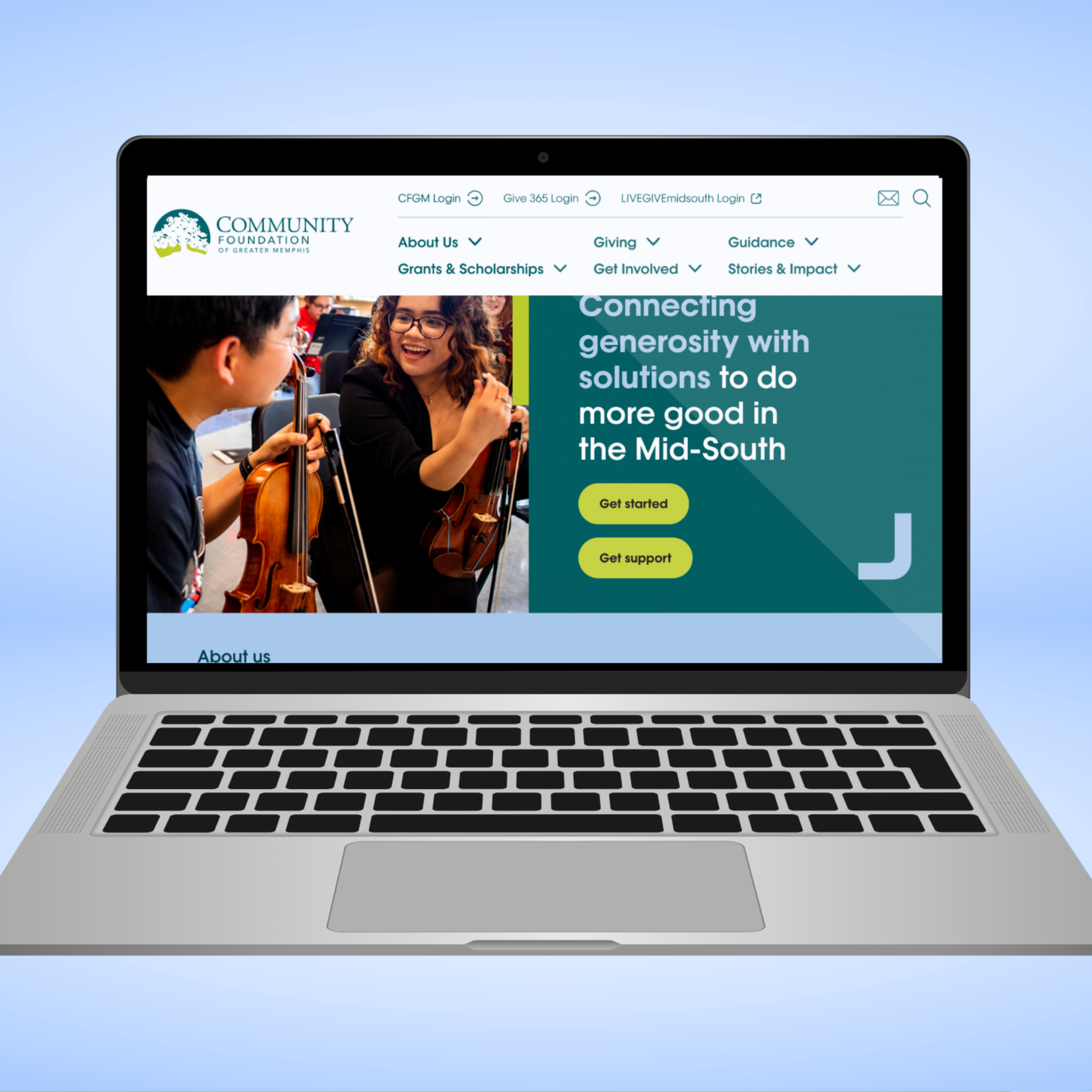 A laptop displays the Community Foundation website homepage, featuring a banner with two people holding violins, navigation menus, and text promoting generosity in the Mid-South. The background is a light blue gradient.
