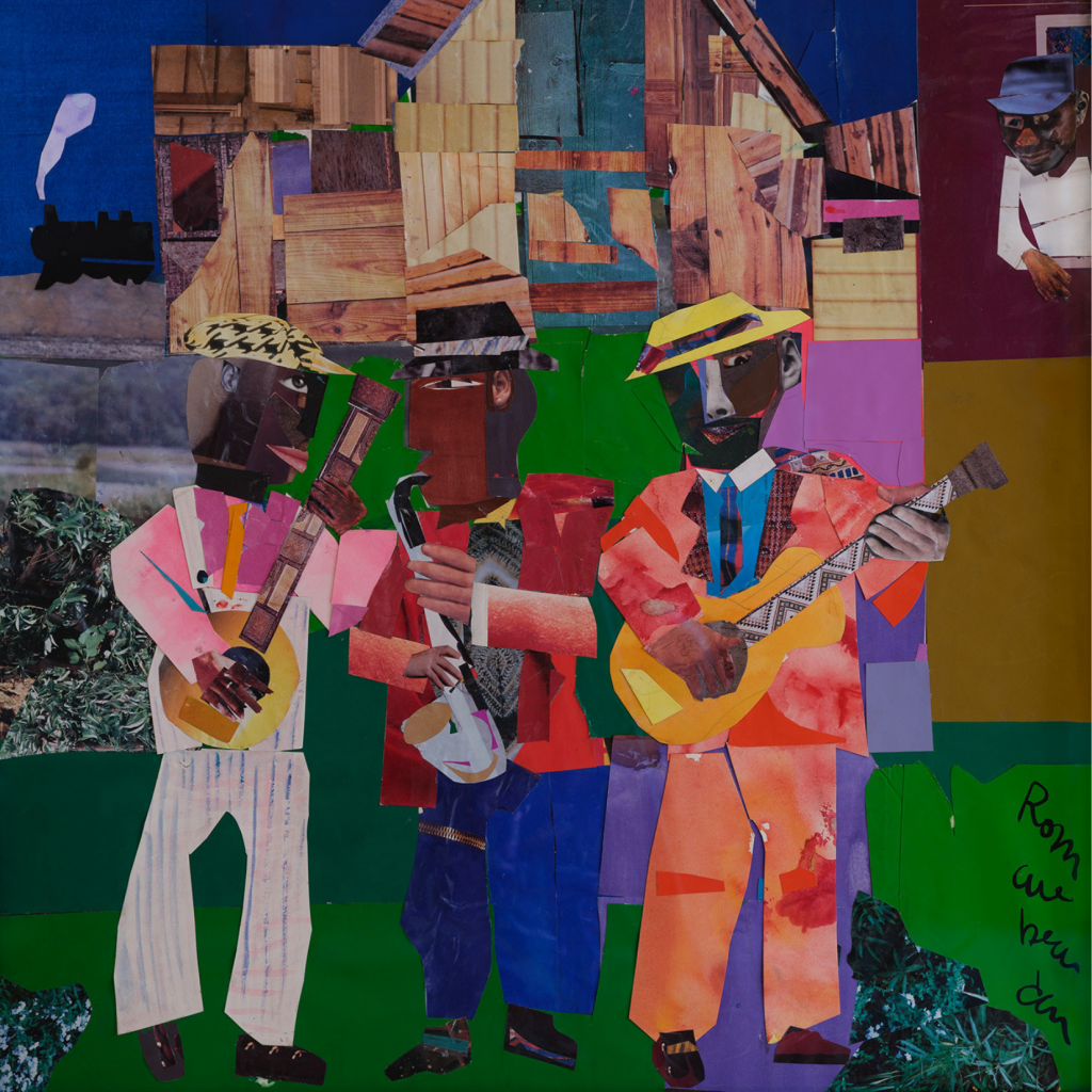 A vibrant collage depicts three musicians in colorful clothing playing instruments—guitar, banjo, and saxophone—against a patchwork background of houses and greenery, evoking a lively, joyful atmosphere.