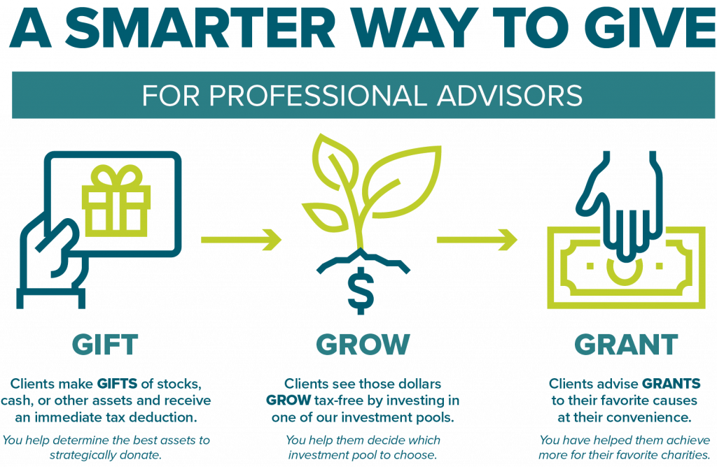 Infographic for professional advisors showing three charitable fund giving options: Gift (donate assets), Grow (invest funds), and Grant (give to causes). Includes icons of a gift box, a growing plant, and a hand giving money.