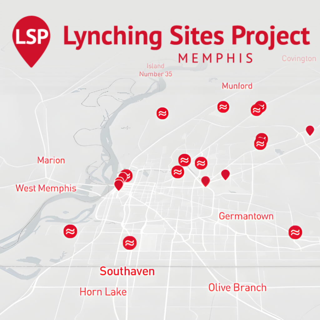 A map of Memphis and surrounding areas shows locations marked for the Lynching Sites Project as part of Facing Our History, with red icons labeled by nearby city names like Germantown, Southaven, and West Memphis.