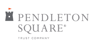 Logo for Pendleton Square Trust Company featuring a gray castle tower with a small orange flag on top, followed by the company name in gray text. Ideal for Mid-South planned giving seminars and trust services.