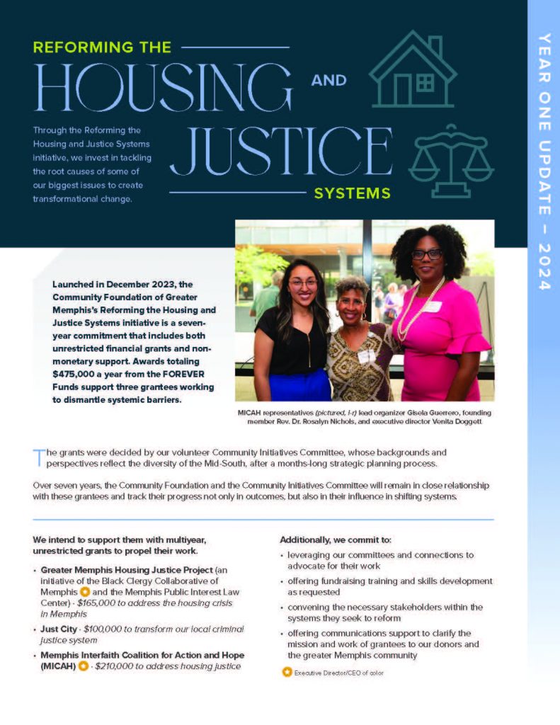Three women stand together, smiling, at an event. The display features text about the ReFORMING the Housing and Justice Systems initiative by the Community Foundation of Greater Memphis, with program highlights in housing reform and justice system achievements.
