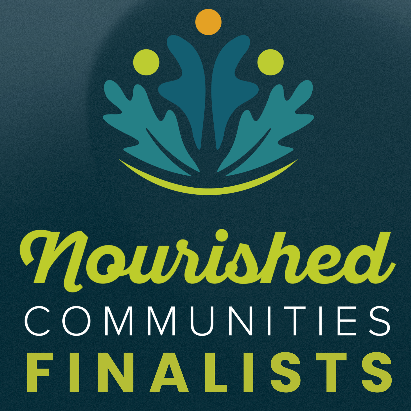 Logo with stylized leaves and three yellow-orange dots above the words “Nourished Communities Finalists” in green, white, and yellow text on a dark background.