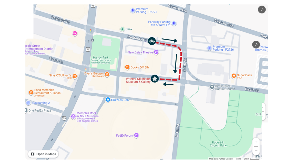 Map showing a driving route along Peabody Pl, turning right onto Second St, then right onto Lt. George W Lee Ave in downtown Memphis. Key landmarks include Handy Park, Withers Collection Museum, and nearby parking.