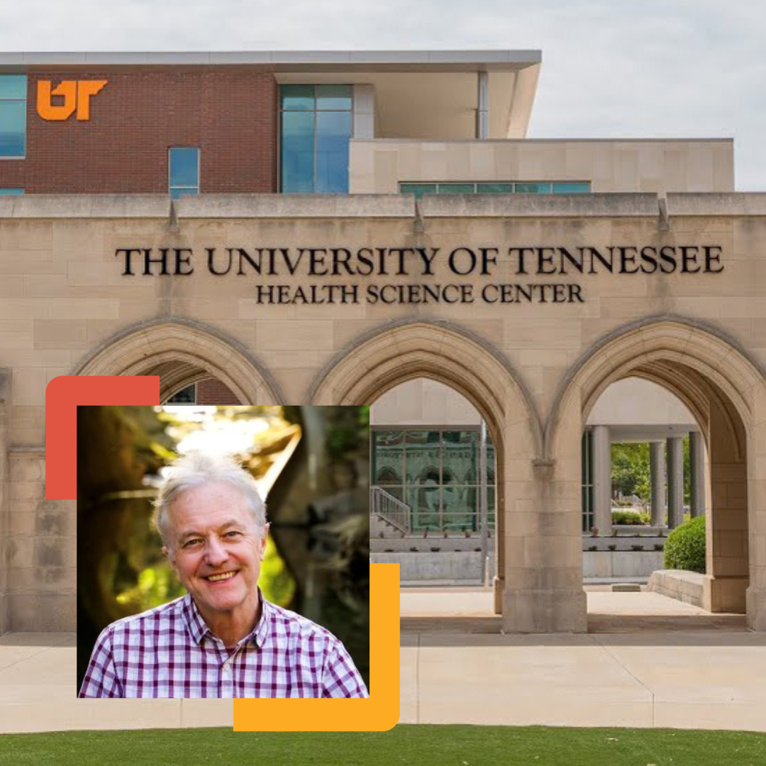 The University of Tennessee Health Science Center building with its name on an arched entrance. In the foreground, a smiling older man in a plaid shirt represents health improvement efforts in the Mid-South.