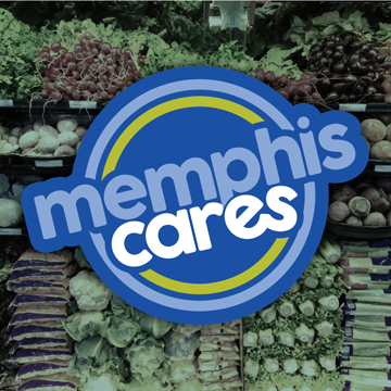 A MemphisCares logo in blue and white is centered over a background of fresh vegetables, symbolizing the impact of supporting hungry neighbors in our community grocery stores or market displays.