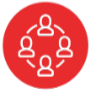 White outline of four people connected in a circular arrangement, symbolizing teamwork or collaboration, on a red circular background.