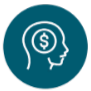 White outline of a human head in profile on a teal circle, with a dollar sign inside a circle where the brain would be, symbolizing financial thinking or money on the mind.