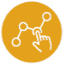 A yellow circle with a white outline of a hand touching a connected network of three circles, representing interaction or connectivity.