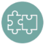 Two outlined jigsaw puzzle pieces interlocking, centered on a teal circular background.