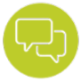 Two white speech bubble icons overlapping on a lime green circular background, representing conversation or communication.