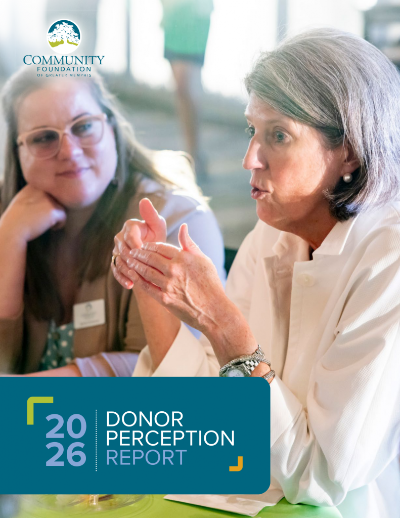 Two women are seated and talking at a table. One woman gestures while speaking, and the other listens attentively. In the foreground is a graphic overlay that reads 2026 Donor Perception Report with the Community Foundation logo above.