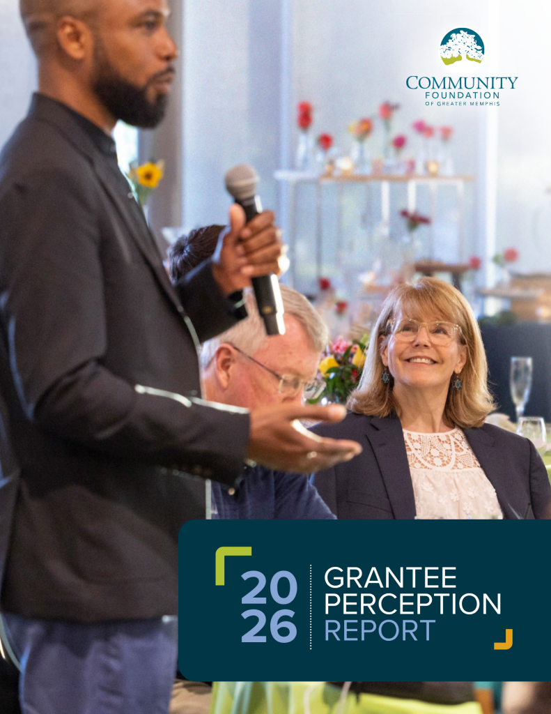 A man speaks into a microphone at an indoor event while a woman in the audience smiles at him. The image includes the Community Foundation logo and the text 2026 Grantee Perception Report.