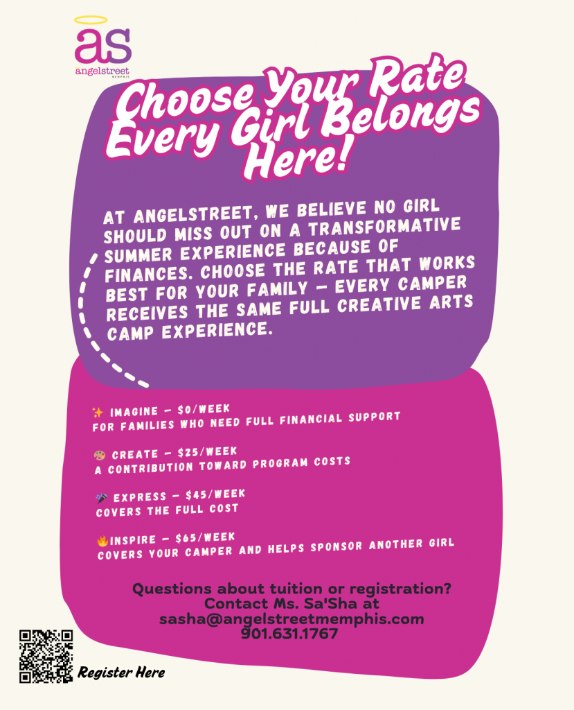 A colorful flyer for AngelStreets creative arts camp, featuring playful music notes and stars on a light background. Highlights include a Choose Your Rate tuition model, contact info, and special sessions on pet care alongside four weekly price tiers.