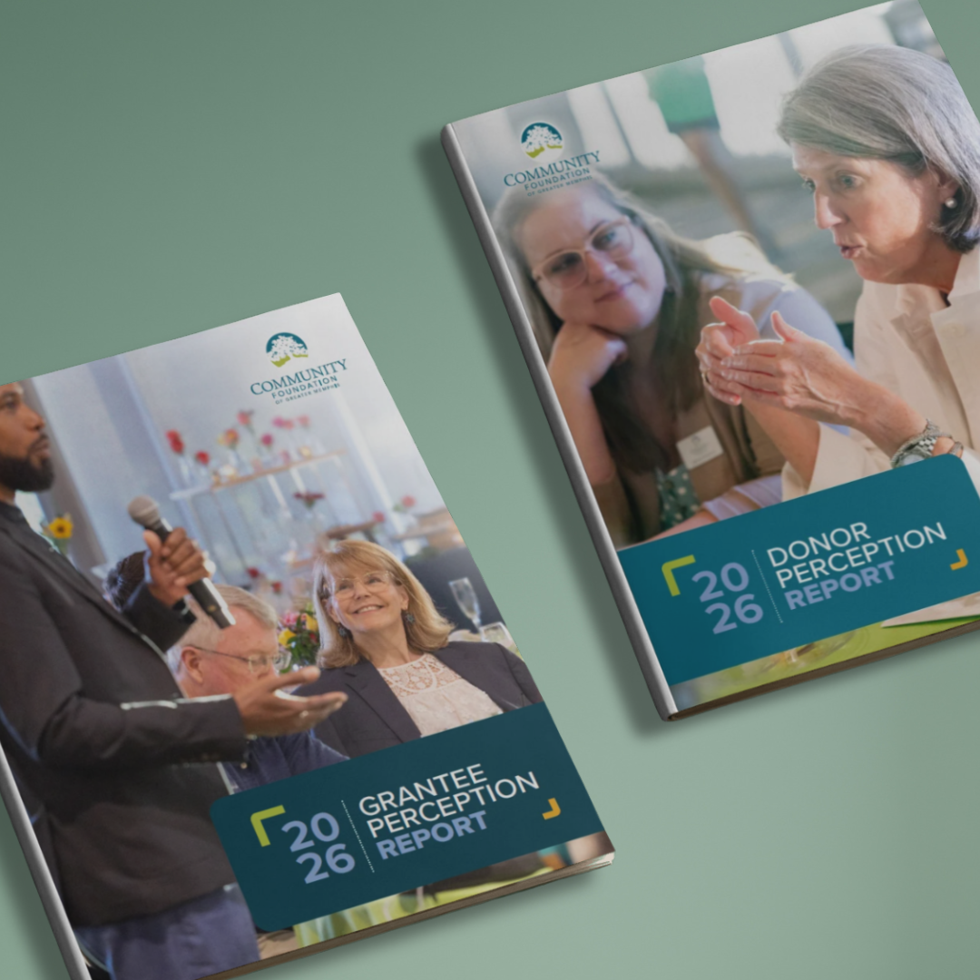 Two foundation reports on a green surface: the 2026 Grantee Perception Report, with a man speaking to an audience, and the 2026 Donor Perception Report, featuring two women in discussion—both vital insights for the Community Foundation.