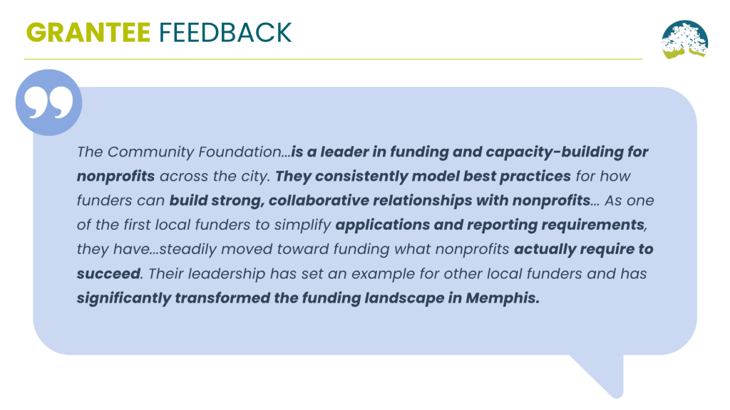 GRANTEE FEEDBACK: A highlighted quote about the Community Foundation’s impact on nonprofits, emphasizing their leadership in funding, collaboration, and simplifying grant processes—supported by perception reports—with a tree logo in the corner.
