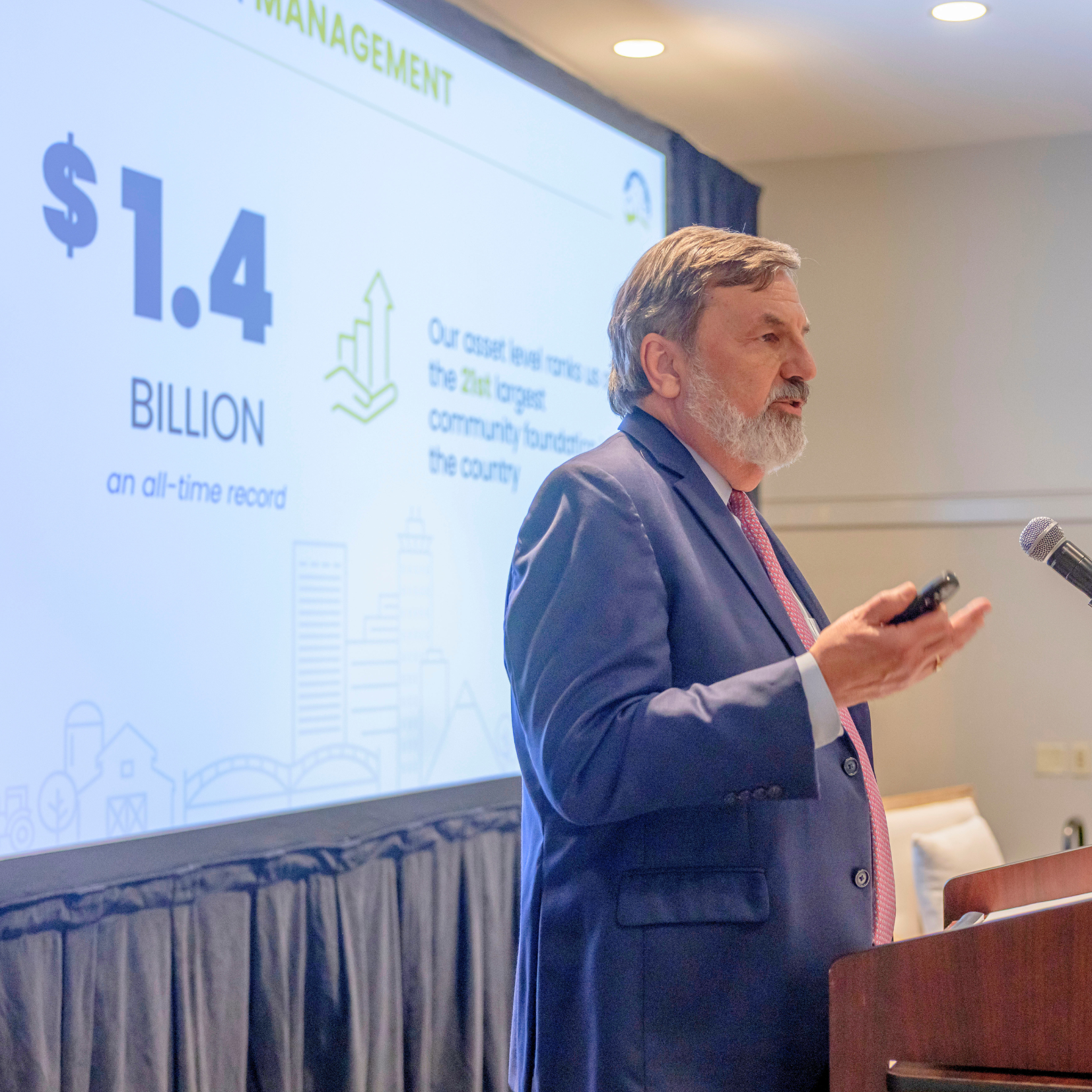 A man in a suit speaks at a podium beside a large screen displaying $1.4 billion, an all-time record and text about asset levels in community foundations. The screen features blue graphics and cityscape illustrations.