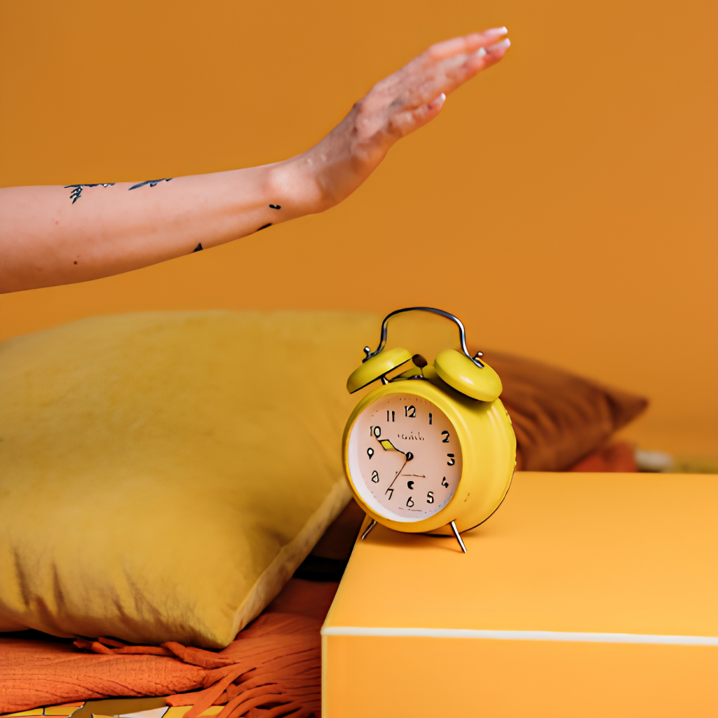 A hand reaches to stop a yellow alarm clock on a yellow surface—a true wake up call—with yellow pillows and a brown blanket set against a yellow wall.
