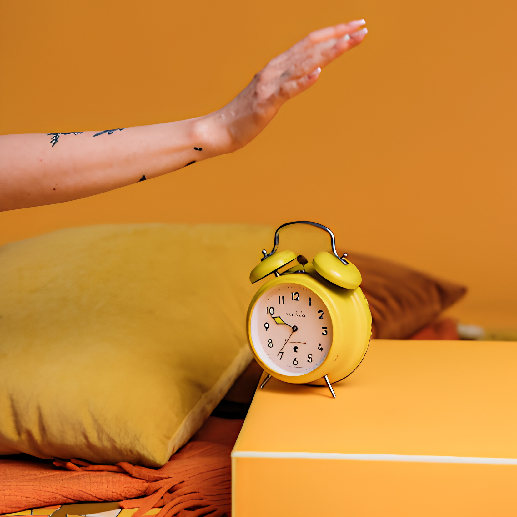 A hand reaches to stop a yellow alarm clock on a yellow surface—a true wake up call—with yellow pillows and a brown blanket set against a yellow wall.