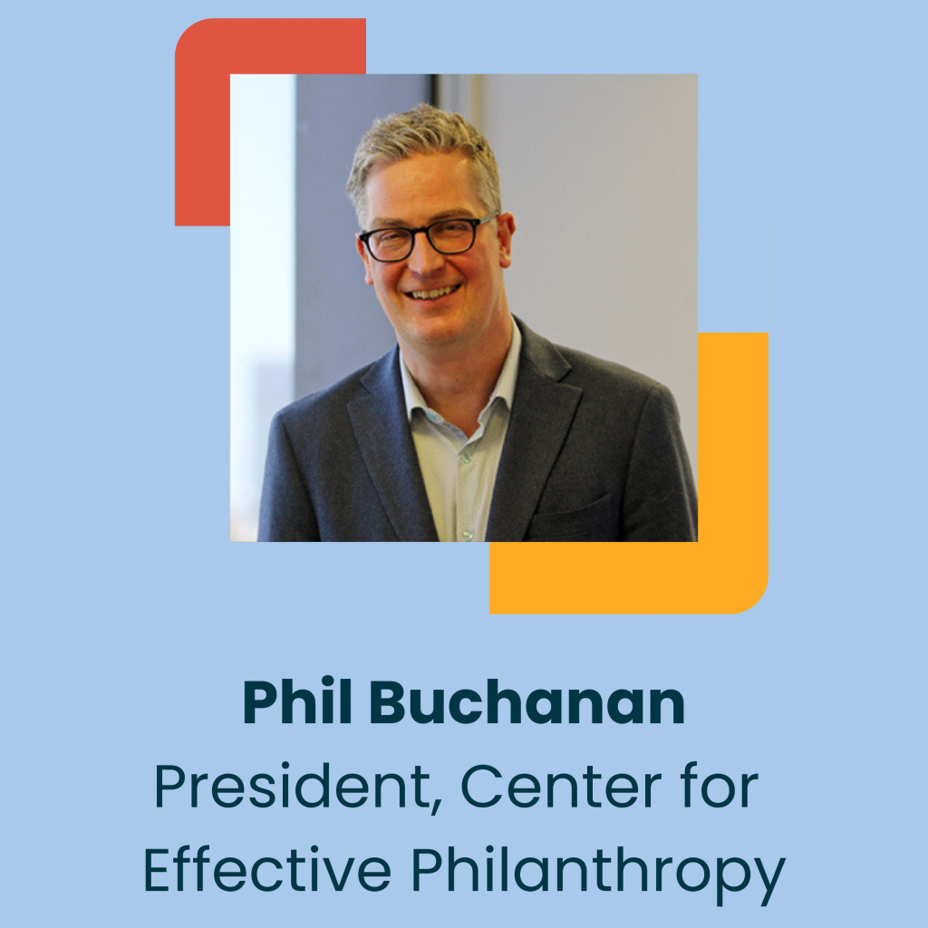A smiling man with glasses and gray hair wearing a dark suit stands indoors. Text reads: Phil Buchanan, President, Center for Effective Philanthropy, discussing national trends in giving on a blue background with orange and red design accents.