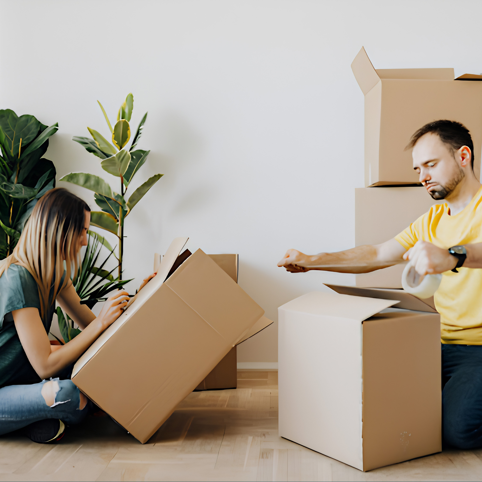 A woman and a man pack cardboard boxes in a bright room with wooden floors and a plant, preparing for a move after divorce. The woman writes on a box while the man seals another with tape, sorting through asset division.
