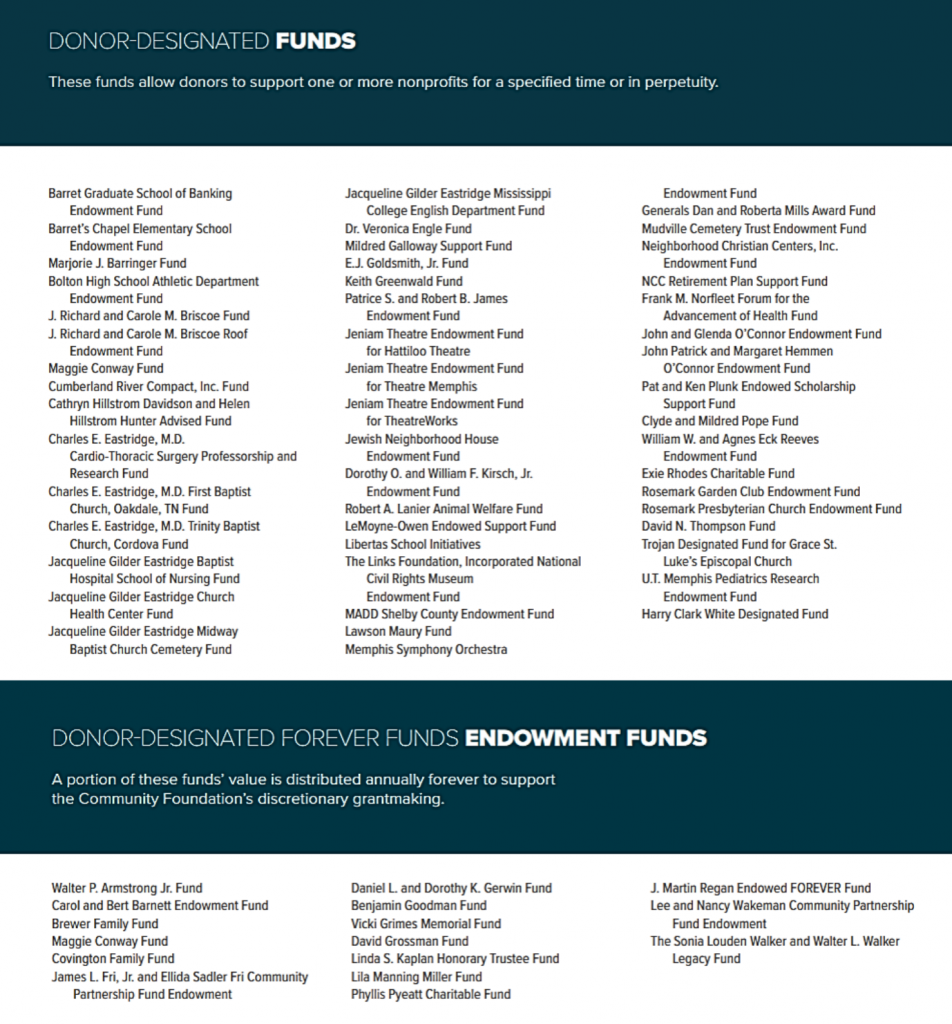 A list of donor-designated funds and donor-designated forever endowment funds, organized in two columns on a teal background, highlighting charitable giving initiatives and the organizations supported, including options for gifts from retirement plans.