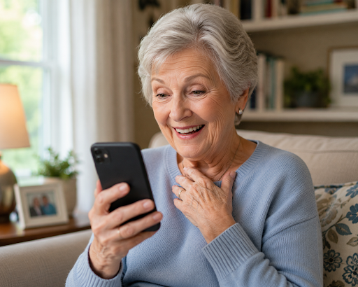 An older woman with short gray hair smiles joyfully while looking at her smartphone, sitting on a couch in a cozy living room with a lamp and bookshelf in the background.