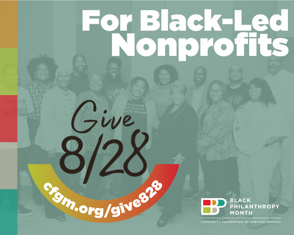 A diverse group of people posing together, overlaid with text promoting support for Black-led nonprofits and the date 8/28. Includes a web address and Black Philanthropy Month branding.