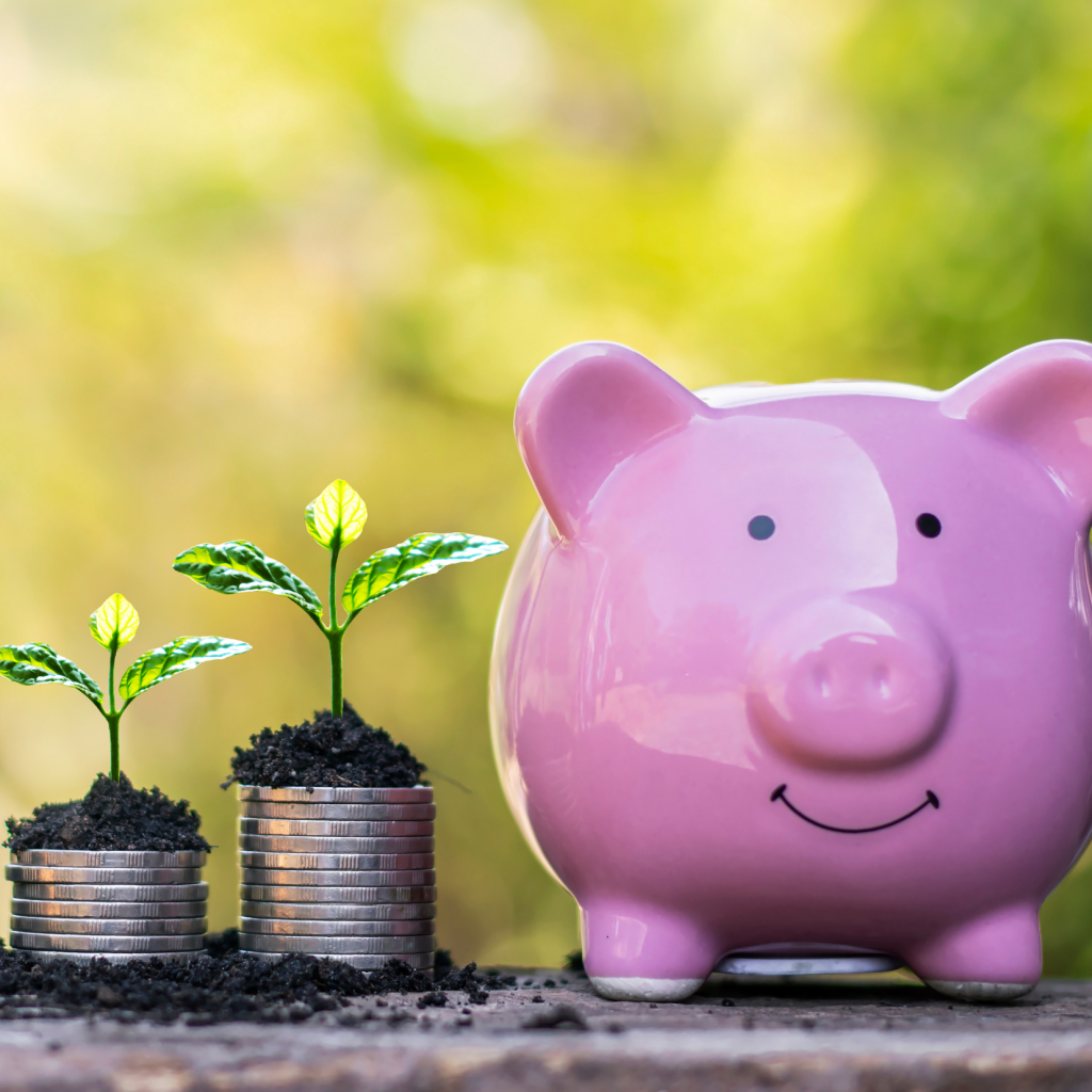 A pink piggy bank sits next to stacks of coins with small green plants growing from them, symbolizing saving money, financial growth, and the impact of charitable giving. The background features blurred greenery.