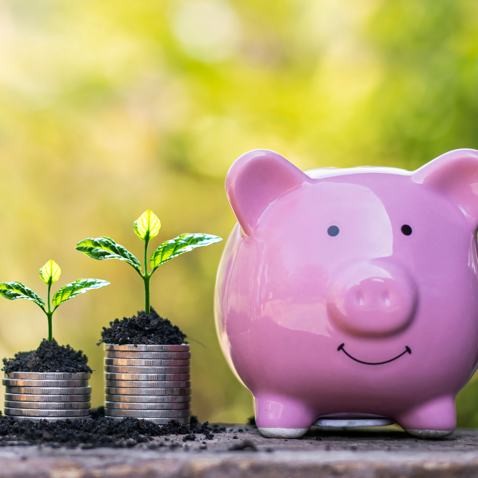 A pink piggy bank sits next to stacks of coins with small green plants growing from them, symbolizing saving money, financial growth, and the impact of charitable giving. The background features blurred greenery.