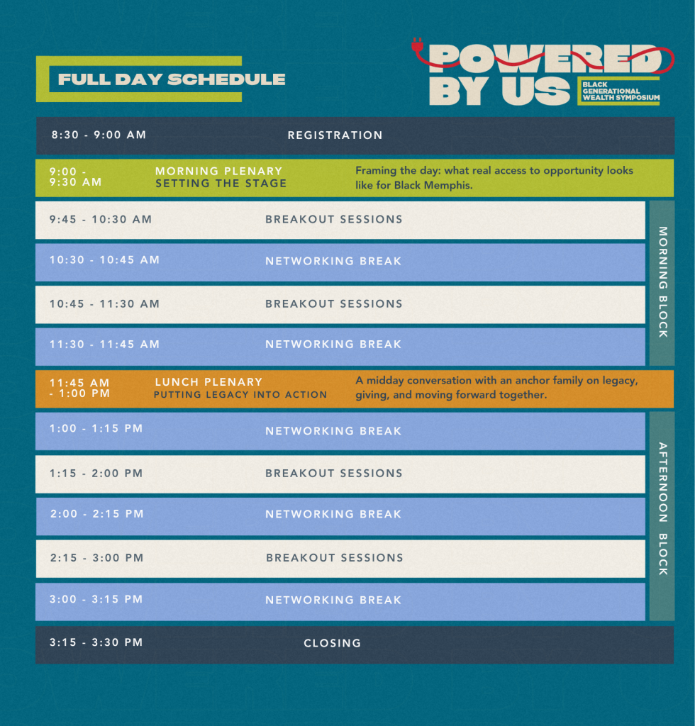 Full day event schedule with color-coded blocks for registration, sessions, networking breaks, lunch, and closing. Main topics include opportunity, legacy, networking, and breakout sessions. Event branded Powered By Us.