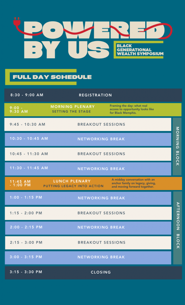 Event schedule for the Powered By Us: Black Generational Wealth Symposium with times for registration, plenary sessions, breakout sessions, networking breaks, lunch, and closing..
