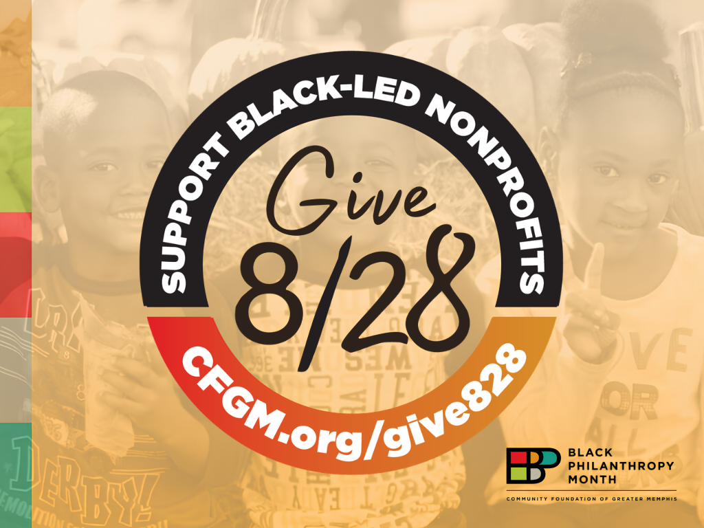 A circular sign promotes supporting Black-led nonprofits on 8/28, with a website link. Smiling children are in the background. It’s for Black Philanthropy Month by the Community Foundation of Greater Memphis.