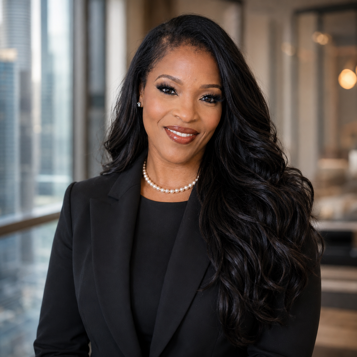 A woman with long, wavy black hair wearing a pearl necklace and a black suit smiles in a modern office setting with large windows in the background.