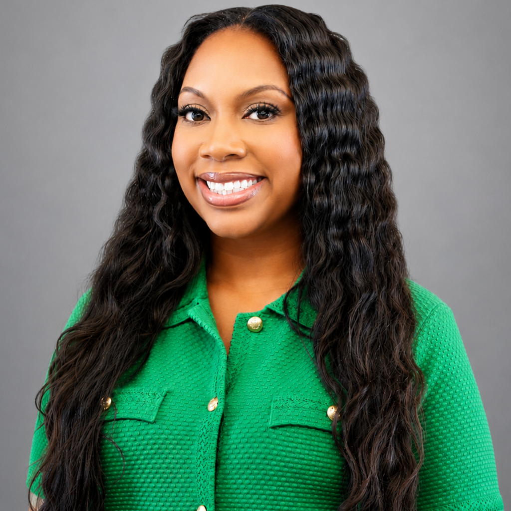 A smiling woman with long wavy hair wears a textured green button-up top and stands in front of a plain gray background.