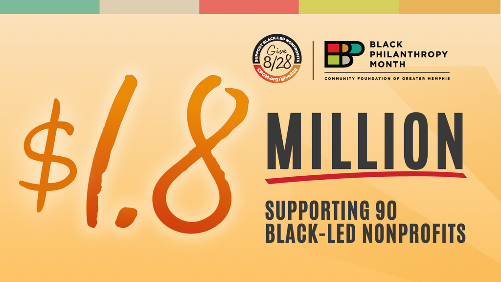 Graphic with text: $1.8 MILLION Supporting 90 Black-led nonprofits, celebrating the legacy of generosity during Black Philanthropy Month. Includes Black Philanthropy Month and 8/28 Giving Day logos on an orange and yellow background with colorful accents.